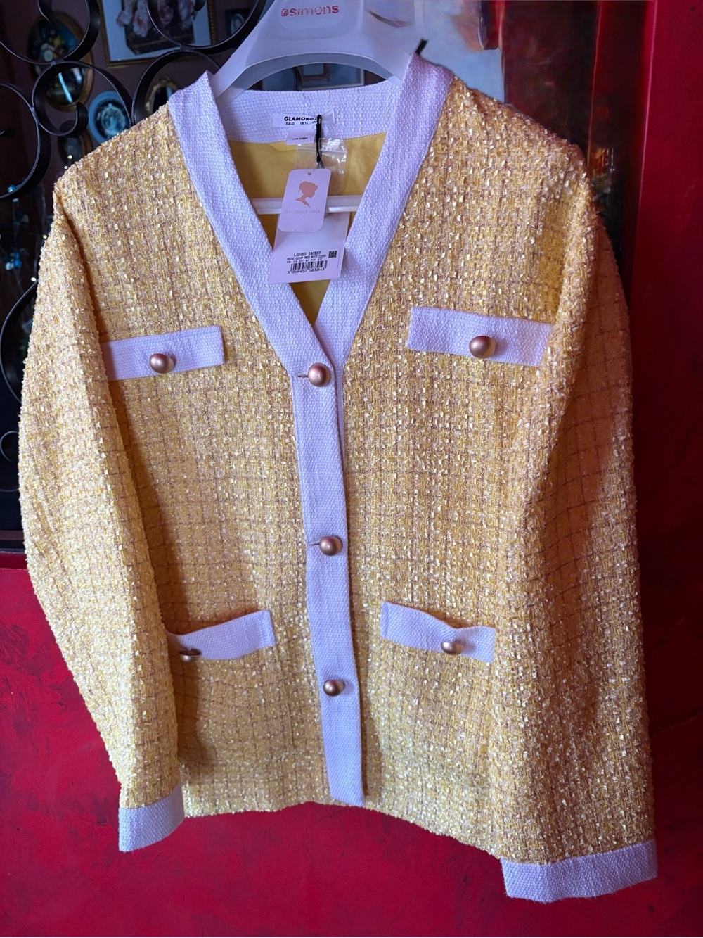 Glamorous-Yellow Tweed Button Jacket 💛 - Picture 3 of 6